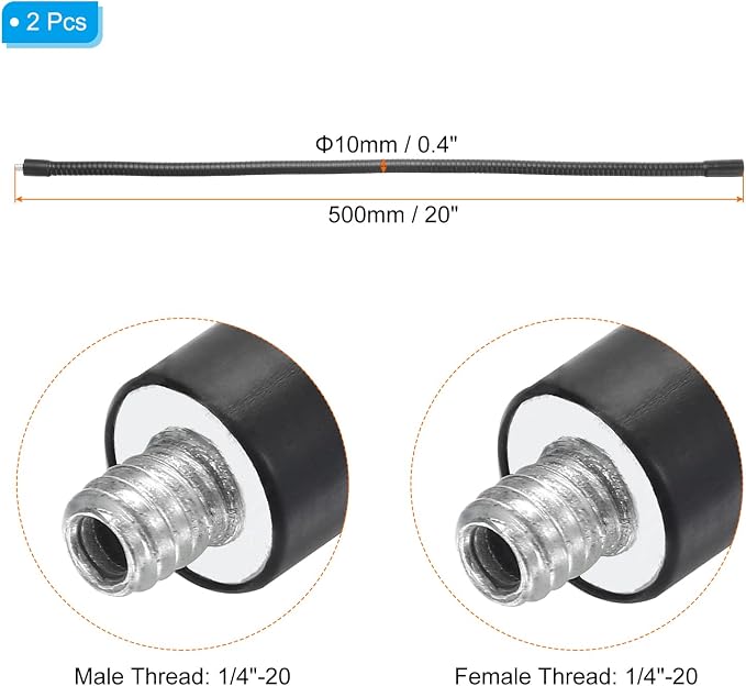 PATIKIL 20" Gooseneck, 2 Pcs 1/4"-20 Female to Male Thread Metal Universal Hose Flexible Arm Gooseneck Tube Extension Holder for Action Camera, Phone, Microphone, Black