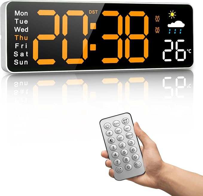Digital Wall Clock, 12" Digital Clock with Remote Control, Date, Week, Temp, Humidity, DST, Timer, Auto-dimming for Living Room Classroom Gym Church Shop Garage