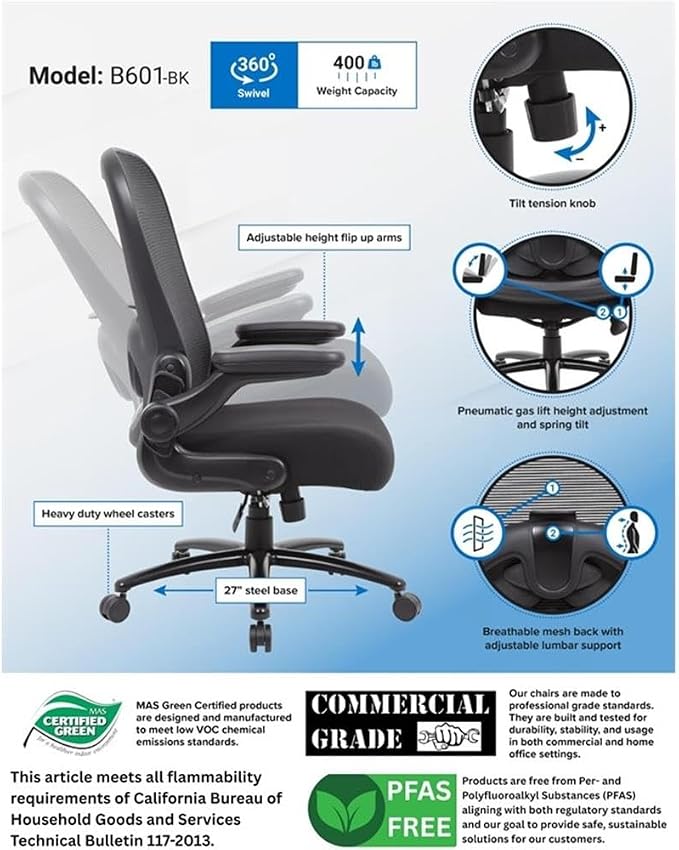 Scranton & Co Heavy Duty Flip Arm Mesh Task Chair, 400 lb Capacity, Adjustable Lumbar Support, Black Fabric Upholstery, 30.5" W x 30" D x 43.5-46.5" H, Ergonomic Office Chair for Home or Workplace