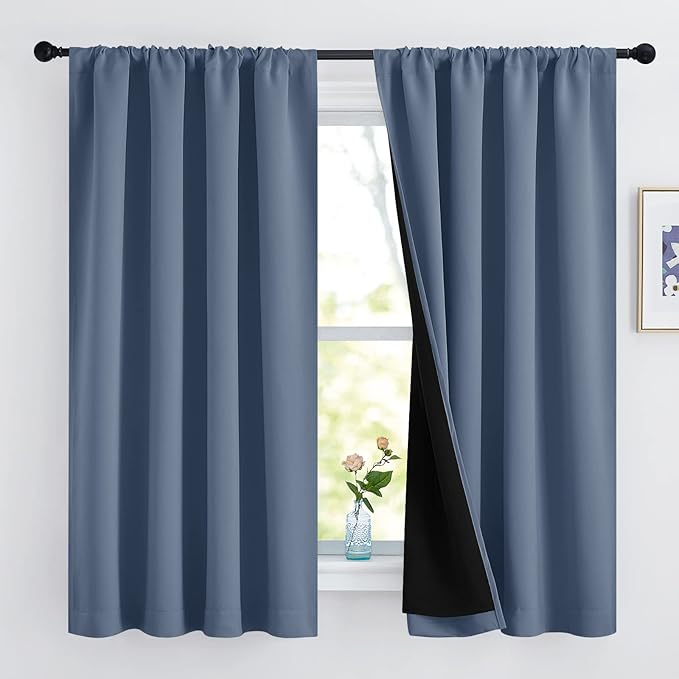 NICETOWN 100% Blackout Curtains Keep Warm and Cool, Insulated Full Blackout 2-Layer Lined Drapes, Energy Efficiency Window Draperies for Bedroom (Stone Blue, 2 Panels, 52 inches W by 63 inches L)