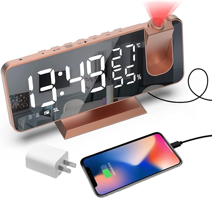 Projection Digital Alarm Clock for Bedrooms, Alarm Clock Radio on Ceiling | USB Charger Port, Temperature & Humidity Display, 7.3” Large Mirror LED Display,12/24H,Snooze,Dual Loud Clock- 4 Dimmer