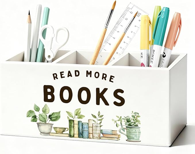 Book Lovers Gifts Pen Holder, Book Reader Gifts Pencil Holder for Desk, Read More Books Wooden Box Sign Decorations for Reading Room Corner Nook Classroom Desk Tabletop