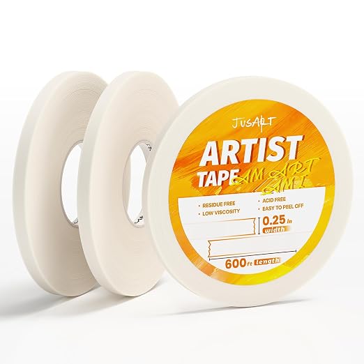 JusArt 3 Packs Artist Tape for Watercolor Paper, 1/4 inch Wide Total 600FT Long, White Art Tape for Masking, Framing and Drafting, Acid Free, Low Tack