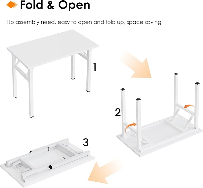 Need 35.8 Inch Folding Desk for Small Spaces, Home Office Computer Desk with Wood Top & Black Frame, Foldable Writing Table for Study, Bedroom, Dorm Room & Student, White
