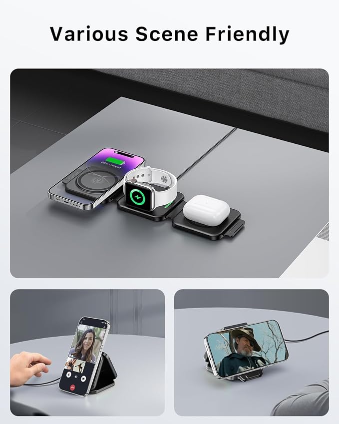 3-in-1 Foldable Magnetic Wireless Charging Station for Apple Devices – The Travel & Desktop Organizer Compatible with iPhone 17-12 Series,for iWatch &for AirPods Space-Saving Design