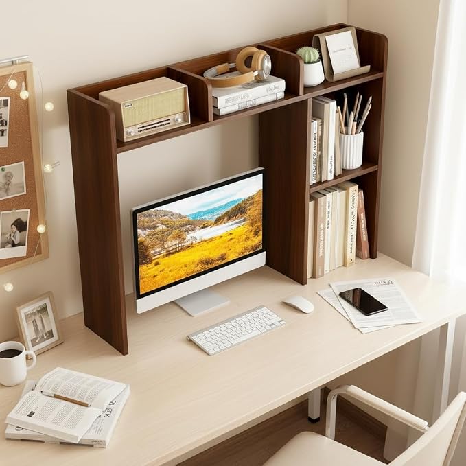 Tangkula Desktop Bookshelf, Countertop Storage Hutch with Shelves for Computer Desk, Desk 3-Tier Display Rack, Multipurpose Wood Desktop Hutch Storage Organizer for Dorm Office (Walnut)