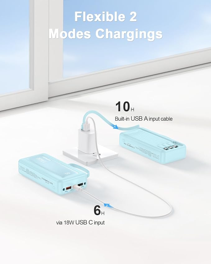 Portable Charger with Built-in Cables, 27000mAh Slim 22.5W Fast Charging Power Bank with LED Display, USB C Battery Pack 6 Outputs & 2 Inputs, Travel Essential Charger for iPhone, Samsung, Google etc