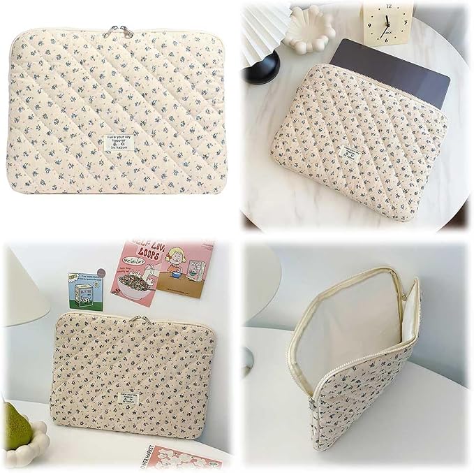 Cute Laptop Sleeve 13-15 inch Laptop Case Aesthetic Quilted Laptop Sleeve Computer Bag with Flower Printing for MacBook (A-Blue, 13inch)