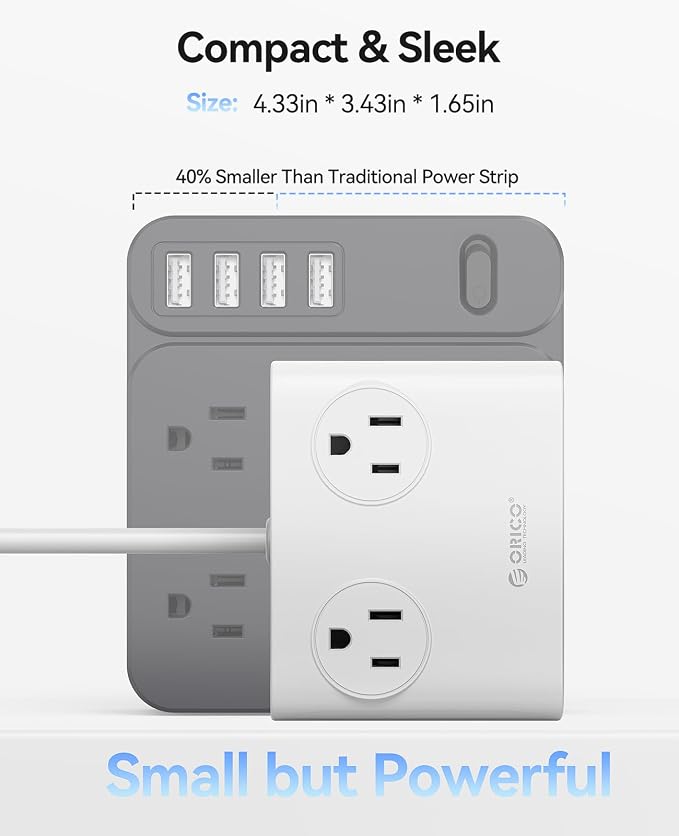ORICO Power Brick, 25W GaN Power Strip, 8-in-1 Desktop Charging Station with 4 AC Outlets, 2 USB-C, 2 USB-A Ports, 5ft Extension Cord, Ultra Thin Flat Plug for Travel Office ETL Listed-PDC (1 PC)