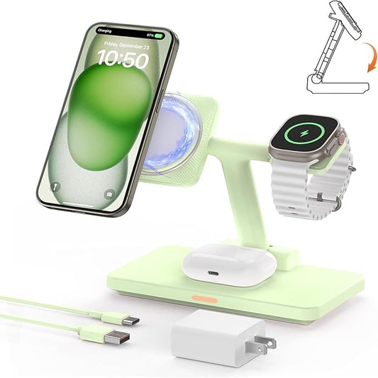3 in 1 MagSafe Foldable Wireless Charger: JoyGeek Travel Ready Magnetic Stand for iPhone 17 16 15 Plus, Apple Watch 11 10 9, AirPods Max (Green)