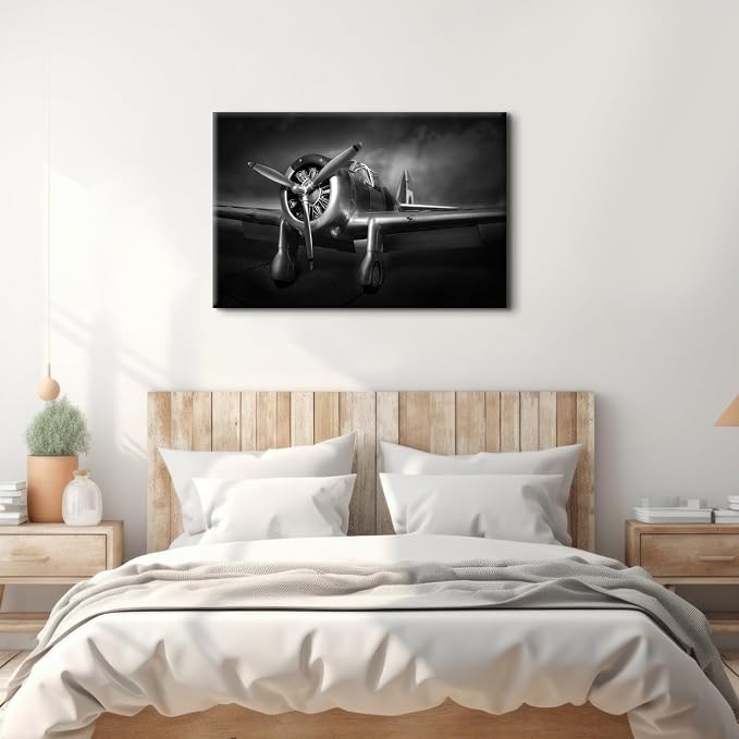Large Propeller Aircraft Wall Art Black and White Airplane Bedroom Wall Decor for Living Room Close-up Plane Engine Pictures Canvas Prints Military Fighter Paintings Artwork Home Decorations 32x48"