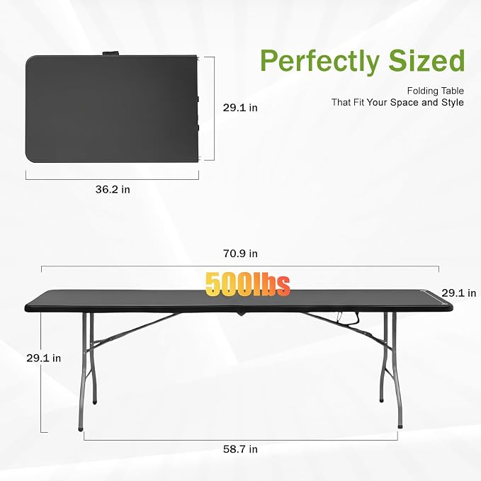 FDW 6FT Plastic Folding Table, Portable with Carrying Handle Perfect for Indoor, Outdoor, Party, Dining, Wedding, Events, Camping, Black