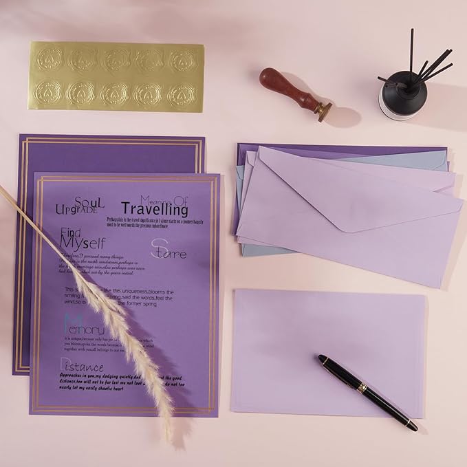 50 Pack Colored Stationery Set, 5 Colors #10 Business Envelopes, 50 Sheets 8.5x11 Paper Sheet and Gold Stickers for Office, Letters, Invitations (Purple)