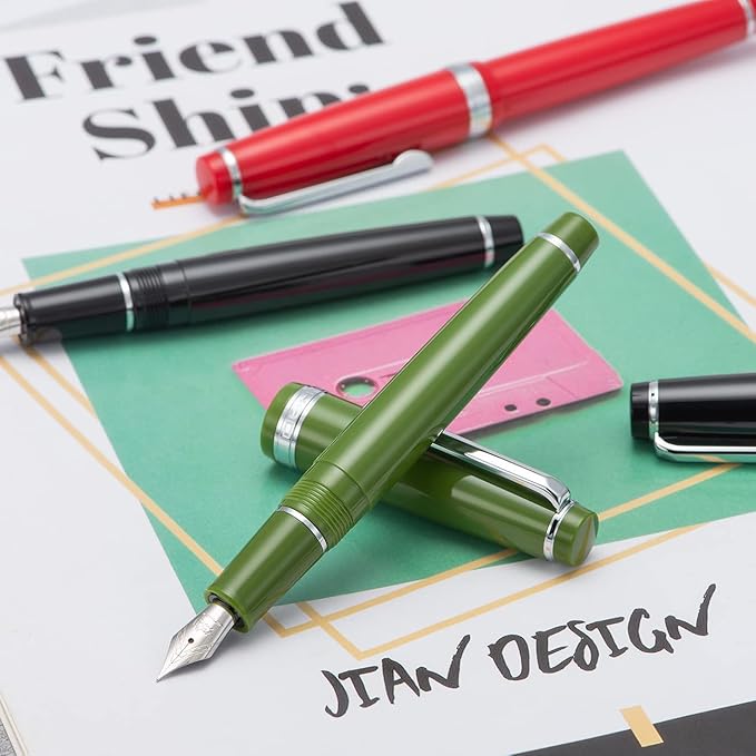 Jinhao 82 Avocado Green Acrylic Fountain Pen, Iridium Bent Nib Classic Design Smooth Writing Pen with Ink Converter (Silver Trim)