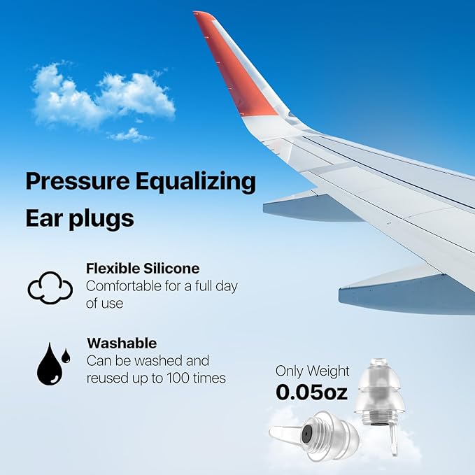 Ear Plugs for Airplane Pressure Relief & Prevent Ear Pain - Flying Travel Essentials - Comfortable Reusable Plane Earplugs for Adult/Kids 12+ with Small Ear-canals, 25dB Noise Reduction