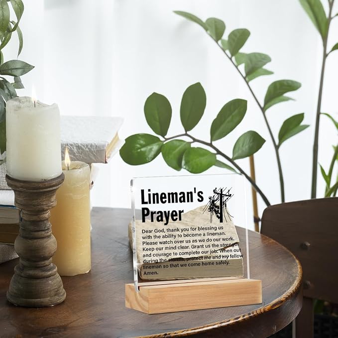 Lineman Gifts Desk Accessories Decor Sign for Line Worker | Graduation Gift, Lineman Prayer, Home Office Desk Decorative Sign, Clear, Acrylic, 4 x 4 Inches