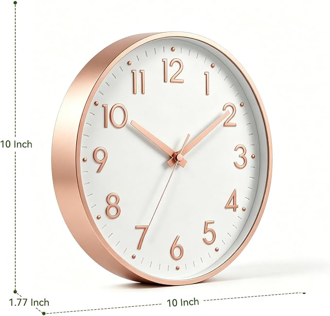 Mosewa 10 Inch Wall Clock Battery Operated Silent Non Ticking Analog | Rose Gold modern clock; oversized 3D easy-read dial for kitchen, bedroom & office; 1 AA battery (not included)