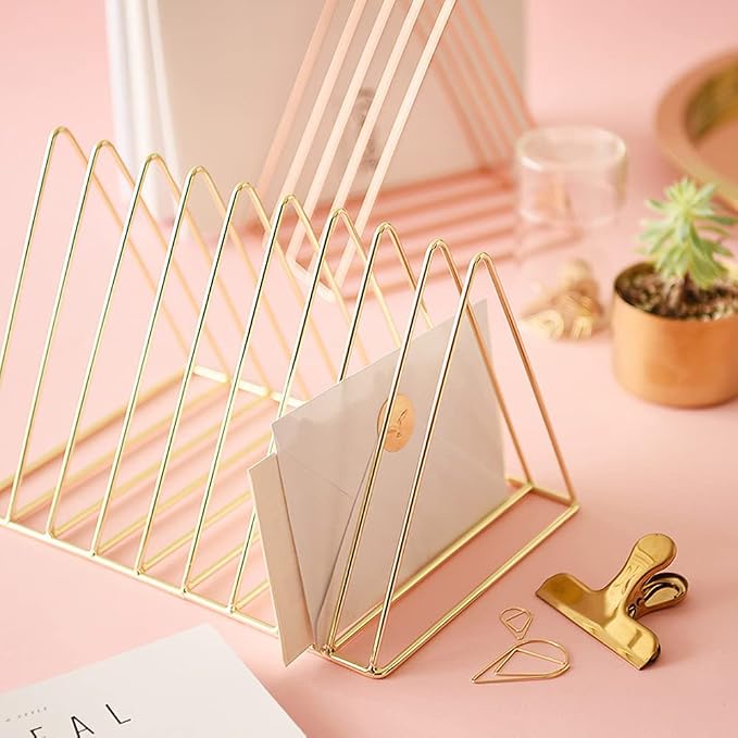 Sooyee 9 Slot Rose Gold Magazine Holder, Desktop File Sorter Organizer Triangle Bookshelf Decor for Home Office, 10.2" L x 7" W x 6.9" H, Iron Wire