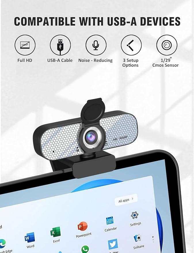 HD 1080P Webcam with Built-in Microphone and Rotatable Tripod, 1080P Video and Wide Angle Camera, Privacy Cover, for Desktop PC or Laptop Computer （White）