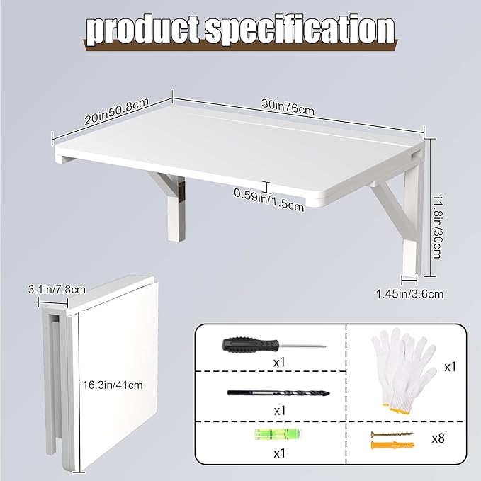 MM MELISEN Wall Mounted Folding Table, 29.5"L x 19.6"W, White, Space-Saving Design