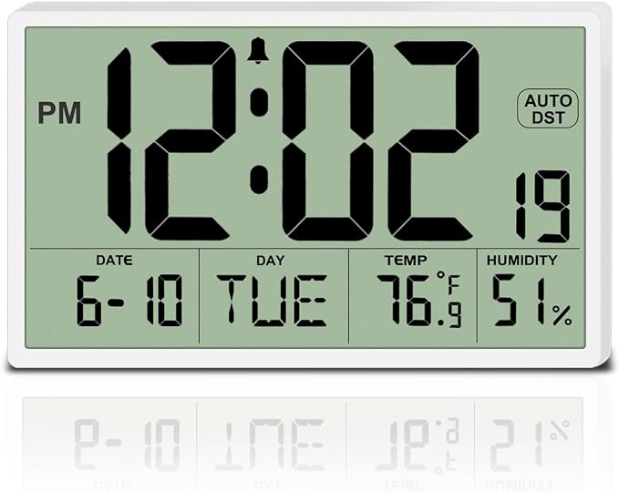 9‘’ Narrow Bezels Battery Operated Digital Wall Clock with Temperature and Humidity - Auto DST, Large 2⅝'' Digits, 5-Level Volume Alarm (3 AA Included) - Wall Mount/Desktop for Office Bedroom Kitchen