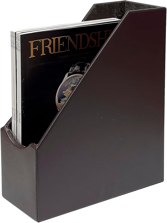 UnionBasic Magazine File Holder, Leatherette Desktop Document Organizer, Home Office Paper Holder File Storage Literature Sorter, Coffee