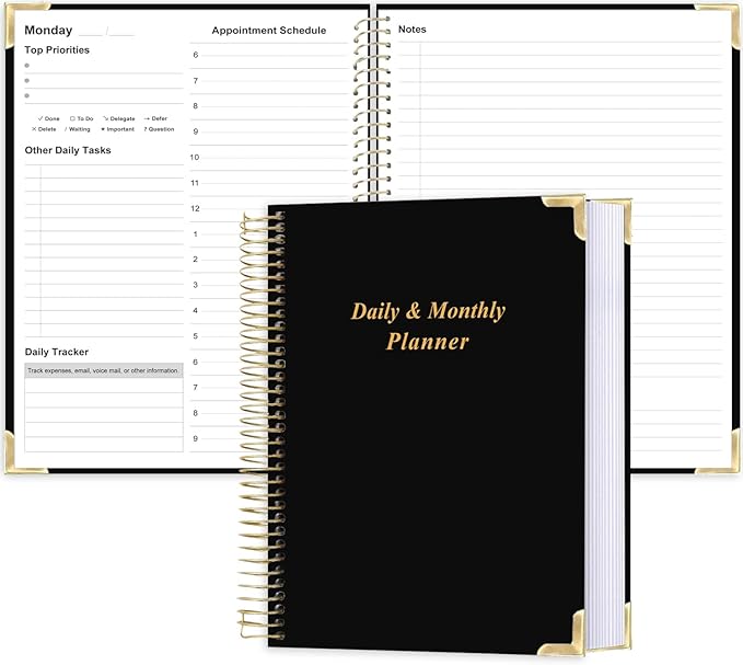 Undated Daily Monthly Planner for 2026 or Anytime - A4 To Do List with Hourly Schedule, Hardcover Spiral Bound Daily Planner to Increase Focus, Stylish School/Office Supplies, 8.5" x 11", Black