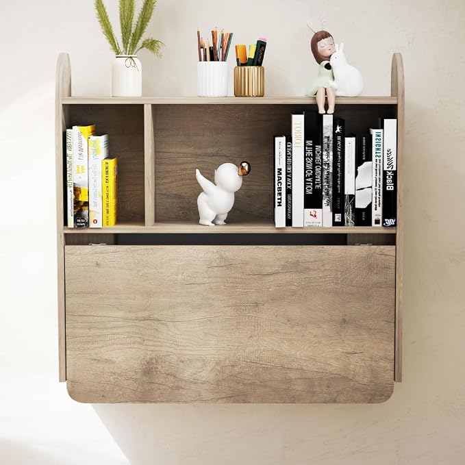 Wall Mounted Drop-Leaf Table, Floating Laptop Desk, Folding Table with Shelves, Multifunctional Computer Workstation with Storage Compartments in Home Office for Space Saving (Rustic Oak)