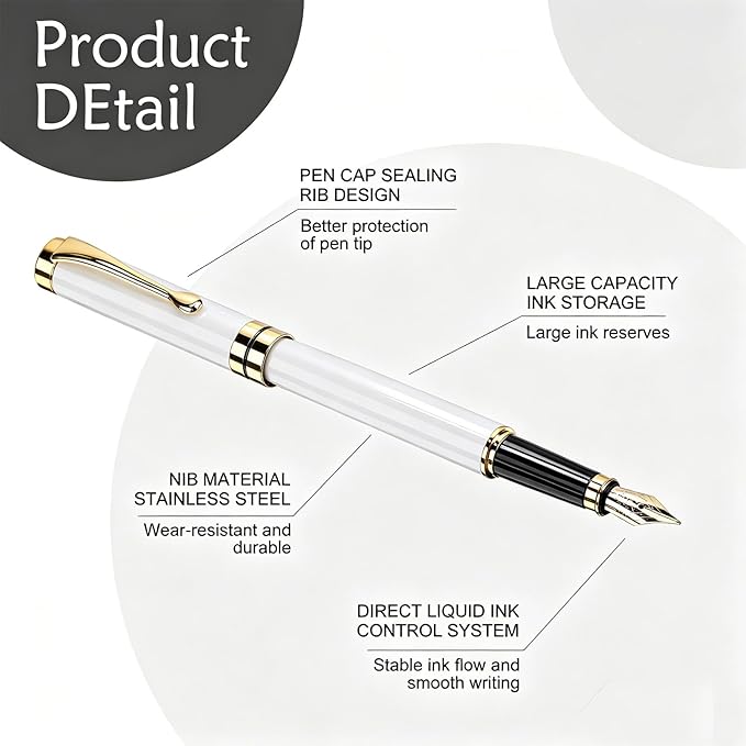 Tiankool Luxury Fountain Pen,Fine Nib, Exquisite Pen Gift Set for Men&Women-Includes 10 Ink Cartridges&Ink Converter- Nice Pens - White