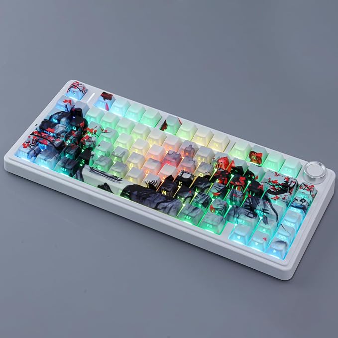 JOMKIZ Ink Painting Keycaps, Red Plum Blossom Landscape Cherry Profile Custom Keycap Set, 130-Key PBT Side-Printed Shine-Through Keycaps for Mechanical Keyboards