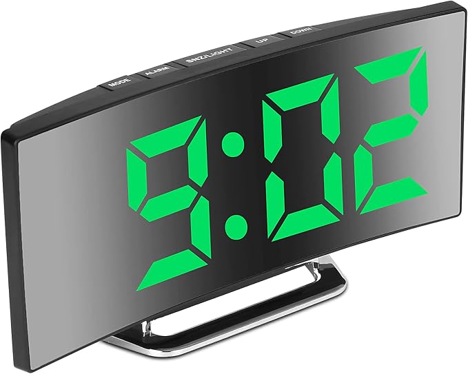 Digital Alarm Clock for Bedrooms, Bedside Mirror Clock with Modern Curved Design, 2 Brightness, 12/24H, Snooze, USB Power Supply, Power-Off Memory(Green)