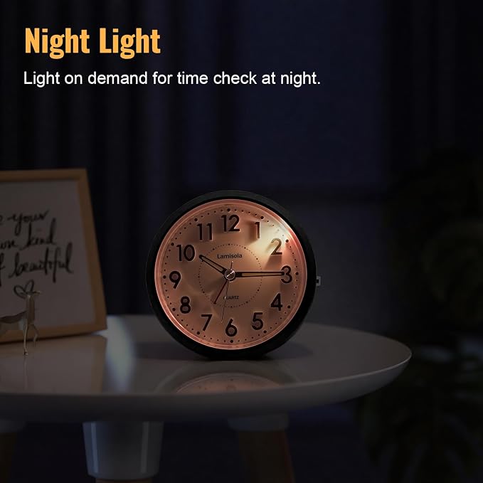 Lamisola 4 Inch Alarm Clock for Bedrooms, Small Analog Desk Clock, Black | Battery Operated Bedside Clock for Bedroom Bathroom Home Nightstand Shelf, Night Light Snooze, Minimalist Clocks for Seniors