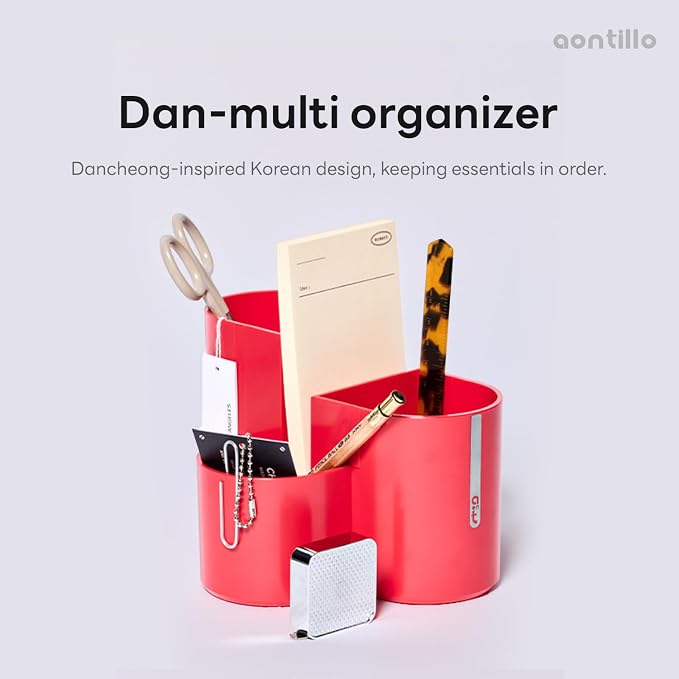 Aesthetic Desk Organizer [Modern Red] - Multi-Compartment Pen Holder & Remote Control Caddy, Modern Vanity Makeup Brush Organizer, Premium Stationery Storage (Made In Korea)