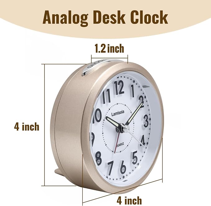 Lamisola 4 Inch Alarm Clock for Bedrooms, Small Analog Desk Clock, Gold | Battery Operated Bedside Clock for Bedroom Bathroom Home Nightstand Shelf, Night Light Snooze, Minimalist Clocks for Seniors