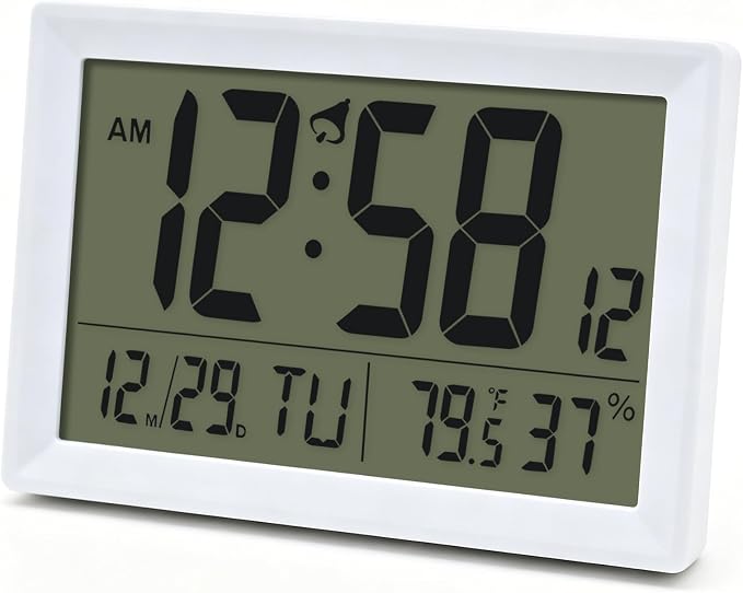 Digital Wall Clock Battery Operated with LCD Display, 6.5” Small Digital Clock with Seconds/Temperature/Humidity/Snooze - 12/24H, Digital Alarm Clocks for Bedrooms, Living Room, Office, Gym