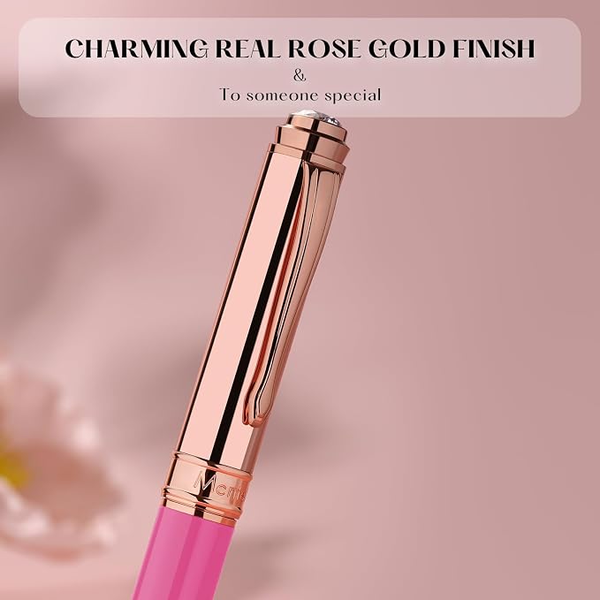MCNTEIK Luxury Rollerball Pen, With 8mm Brilliant diamond,Vibrant Pink Pen,Attractive Real Rose Gold Finish, Schmidt Black Refill,Glitter Fancy Pens Gifts for Women Wedding Bridesmaid Office,Nice pen