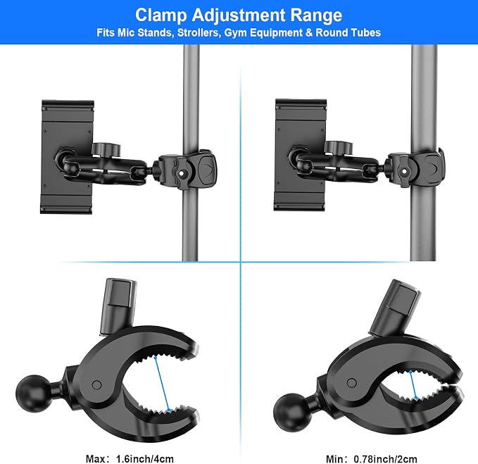 PLDHPRO Tablet Holder for Mic Stand 360° Swivel iPad Music Stand Mount for Microphone with Clamp, Musicians Stage Portable Stands Guitar Tripod Accessories Compatible 5.5-14.6'' Devices