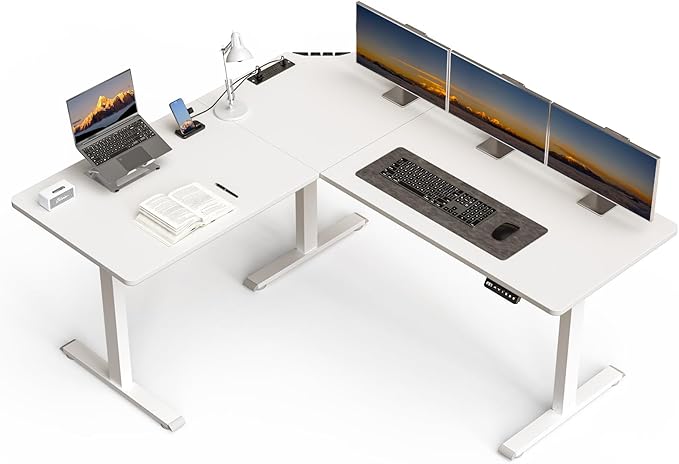 63 x 55 inch L-Shaped Standing Desk, Corner Computer Desk, Electric Standing Desk Adjustable Height, Sit to Stand Ergonomic Workstation for Home Office, White