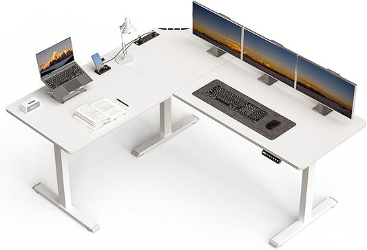 63 x 55 inch L-Shaped Standing Desk, Corner Computer Desk, Electric Standing Desk Adjustable Height, Sit to Stand Ergonomic Workstation for Home Office, White