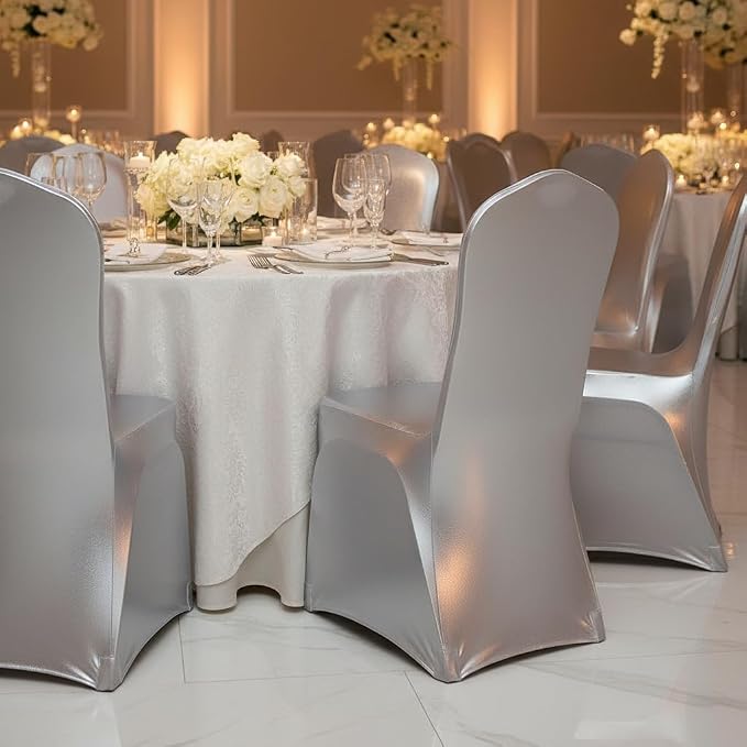 Stretch Dining Chair Cover for Wedding Banquet Party Decor (Shiny Silver) | spandex chair covers seat covers for chair for dining chairs party wedding dining room metallic glitter luxury silver