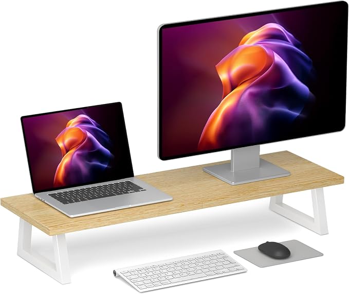 TEAMIX 31.5 inch Dual Monitor Stand Riser, Laptop/TV Stand, Desk Organizer | Long Stand Riser for 2 Monitors, Wood & Steel Computer Stand, Holds 150lbs, Keyboard & PS5 Storage, For Home Office & Gaming