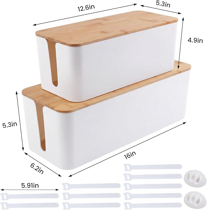 2 Pack Cable Management Box - Cord Organizer Box with Wooden Lid for TV Wires, Power Strips, Router, USB Hub & Under Desk Power: Baby & Pet Proof Cord Management, Cord Hider for Home & Office (White)