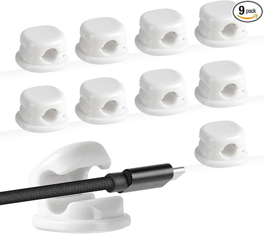 Desk Cord Holder, 9PACK Cord Organizer Clips, Spring-Loaded Cable Management for Nightstand, Car & Office – Premium Adhesive, Easy Access, No Damage, Phone Charger Wire & More, White