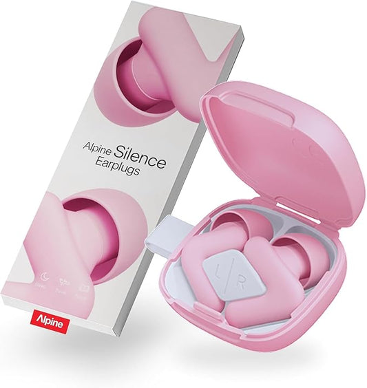 Alpine Silence Earplugs for Sleep, Focus & Travel - V-Shape Snug Fit & Soft Oval Tips – 4 Sizes XS/S/M/L - Comfortable, Reusable Hearing Protection - up to 25dB – Pink