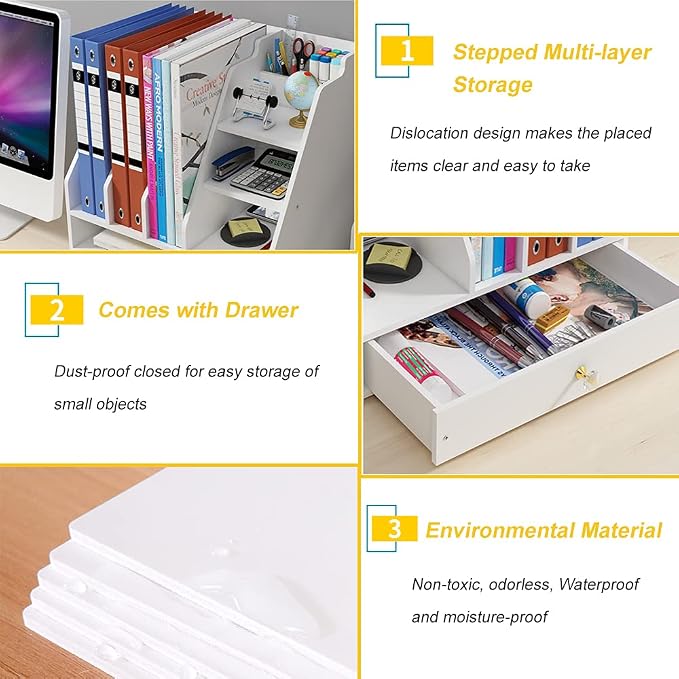 Desk Organizer with Pen Holder, DIY White Office Stationery Desktop Storage Holder Sorter with Drawer for Home, Office and School (PB04)