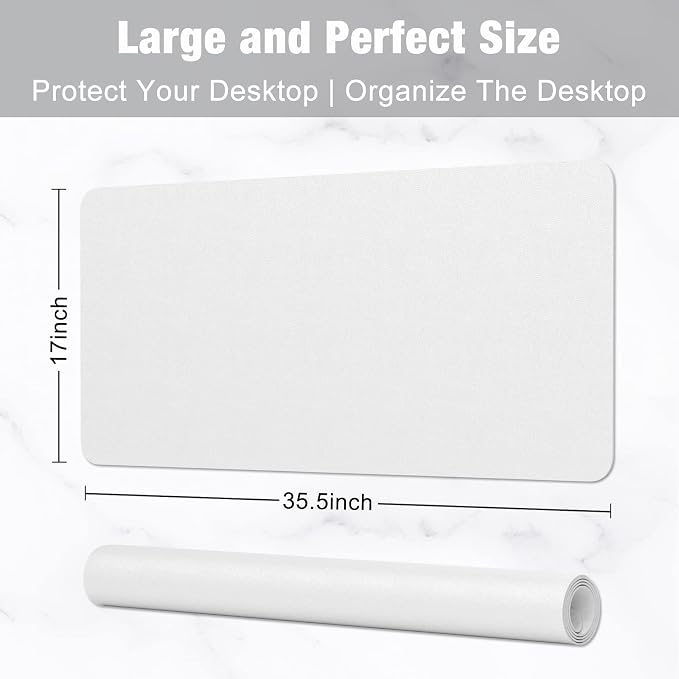 Hsurbtra Desk Pad, 35.5" x 17" PU Leather Desk Mat, XXL Extended Mouse Pad, Waterproof Desktop Blotter Protector, Non-Slip Ultra Thin Large Laptop Keyboard Writing Mat for Office Home, White