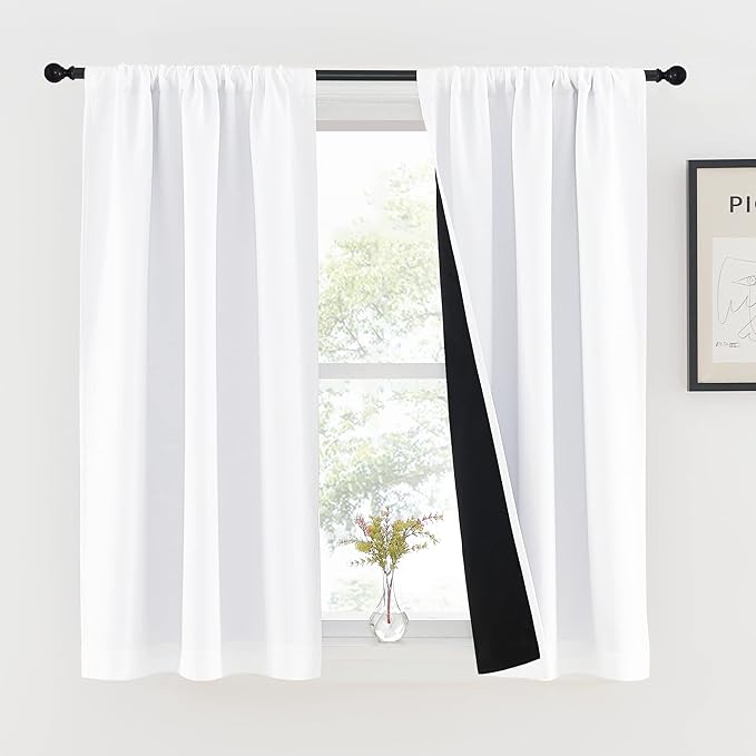 NICETOWN White Kitchen 100% Blackout Curtains 48 inches Long, Completely Blackout Window Treatment Thermal Insulated Lined Drapes for Small Window (1 Pair, 37 inches Width Each Panel)