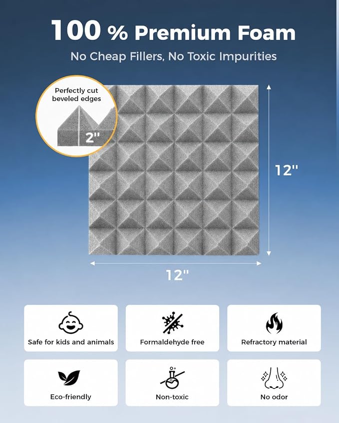 48 Pack Pyramid Acoustic Foam Panels, 12" x 12" x 2", Gray | Flame-Retardant, 30 kg/m³ High Density, 2" Thick, Pyramid Design, Non-Adhesive
