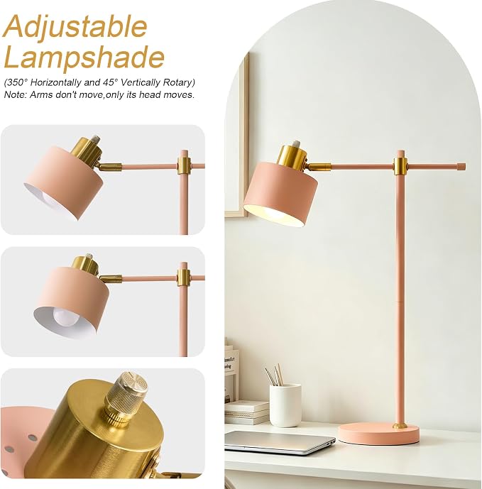 OYEARS 22.2" Modern Desk Lamp, Metal Table Lamp with LED Bulb, Adjustable Reading Lamps for Living Room, Mid Century Task Lamp for Home Office, Industrial Bedside Lamps with Solid Base, Pink