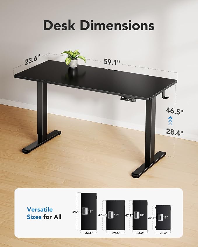 HUANUO Electric Standing Desks, Whole Piece Desktop, Adjustable Height Computer Desk, 4 Height Memory Settings, Sit Stand Up Desk for Home Office, 60" x 24", Black